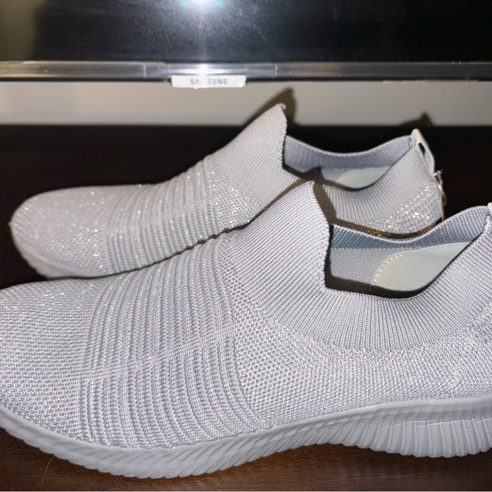 Qupid Silver Knit Slip-On Sneakers